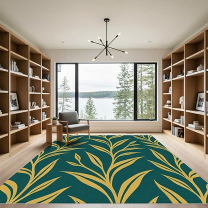 Golden Foliage on Teal Background Rug