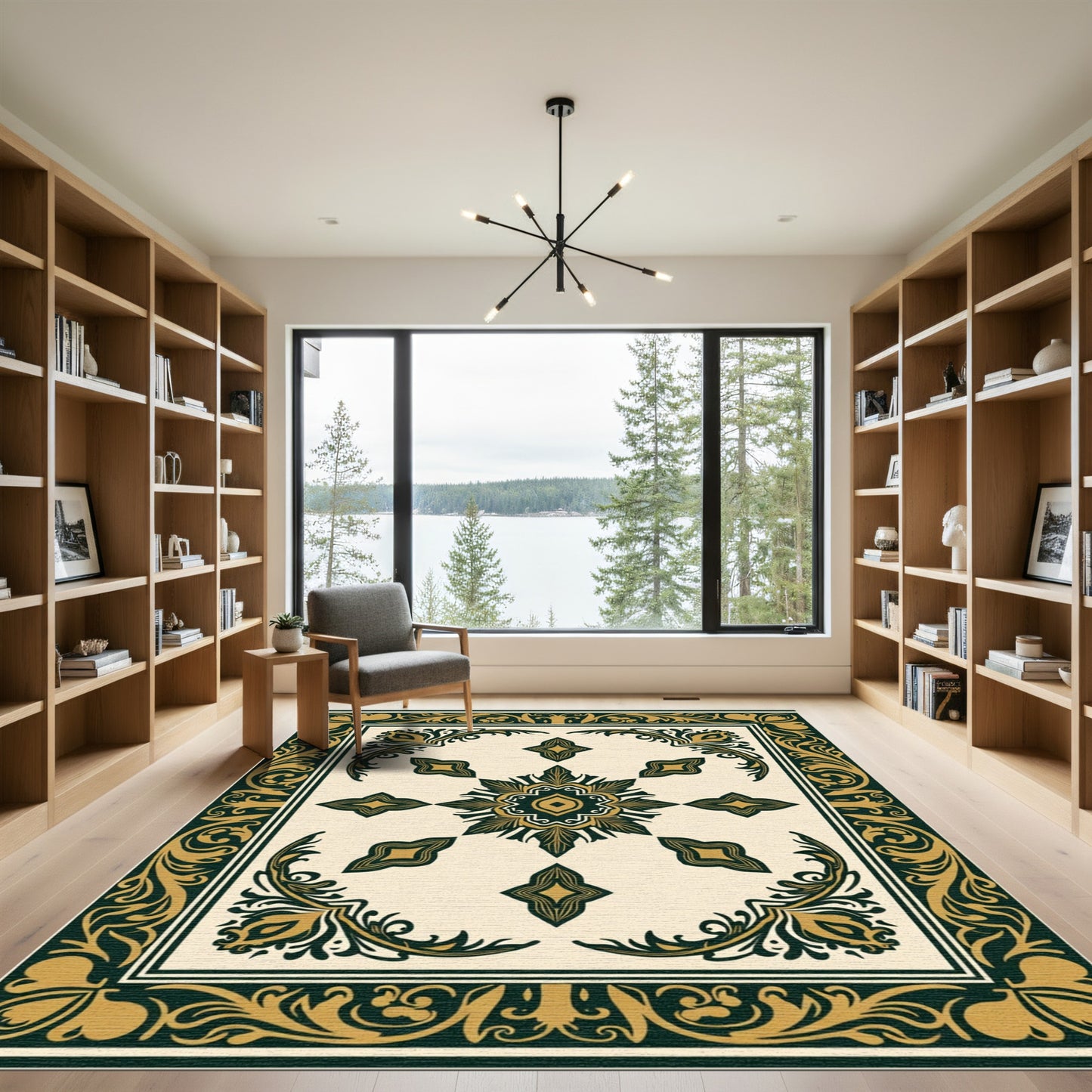 Gold Green Ornamental Floral Medallion Rug