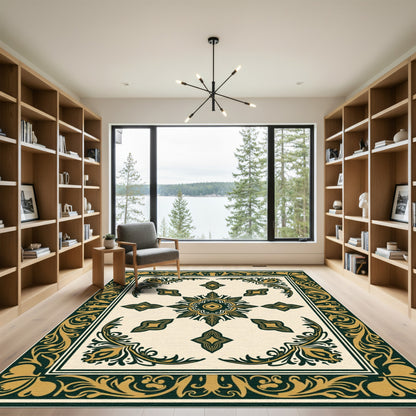 Gold Green Ornamental Floral Medallion Rug