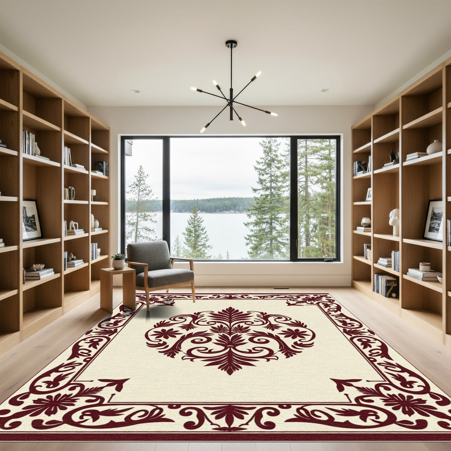 Crimson Damask Floral Centerpiece Border Rug