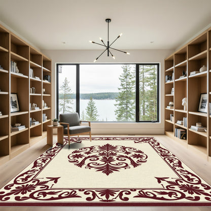 Crimson Damask Floral Centerpiece Border Rug