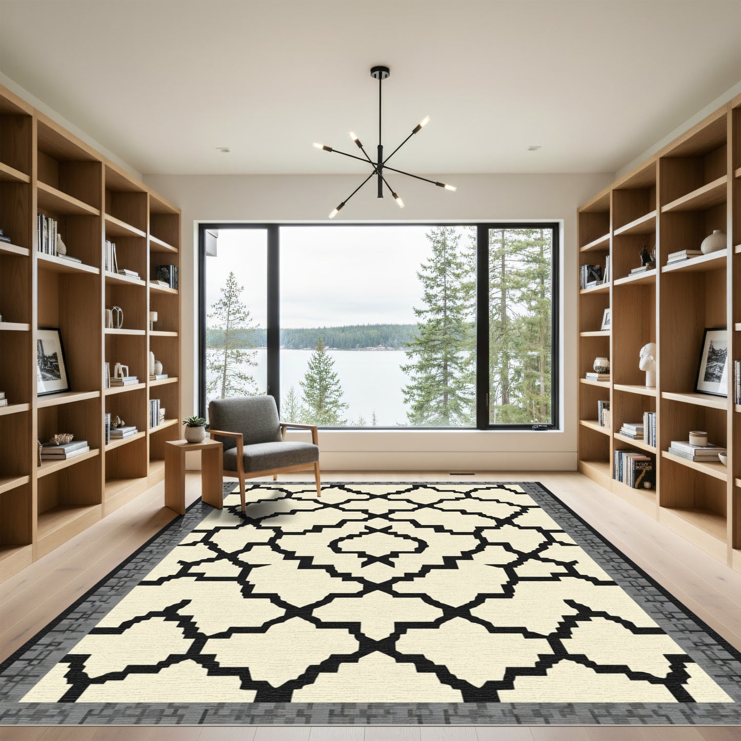 Cream Black Quatrefoil Geometric Layout Rug