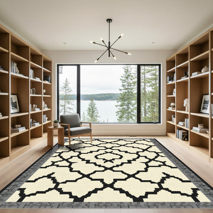 Cream Black Quatrefoil Geometric Layout Rug