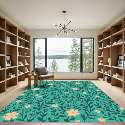 Teal Peach Floral Vine Meadow Rug