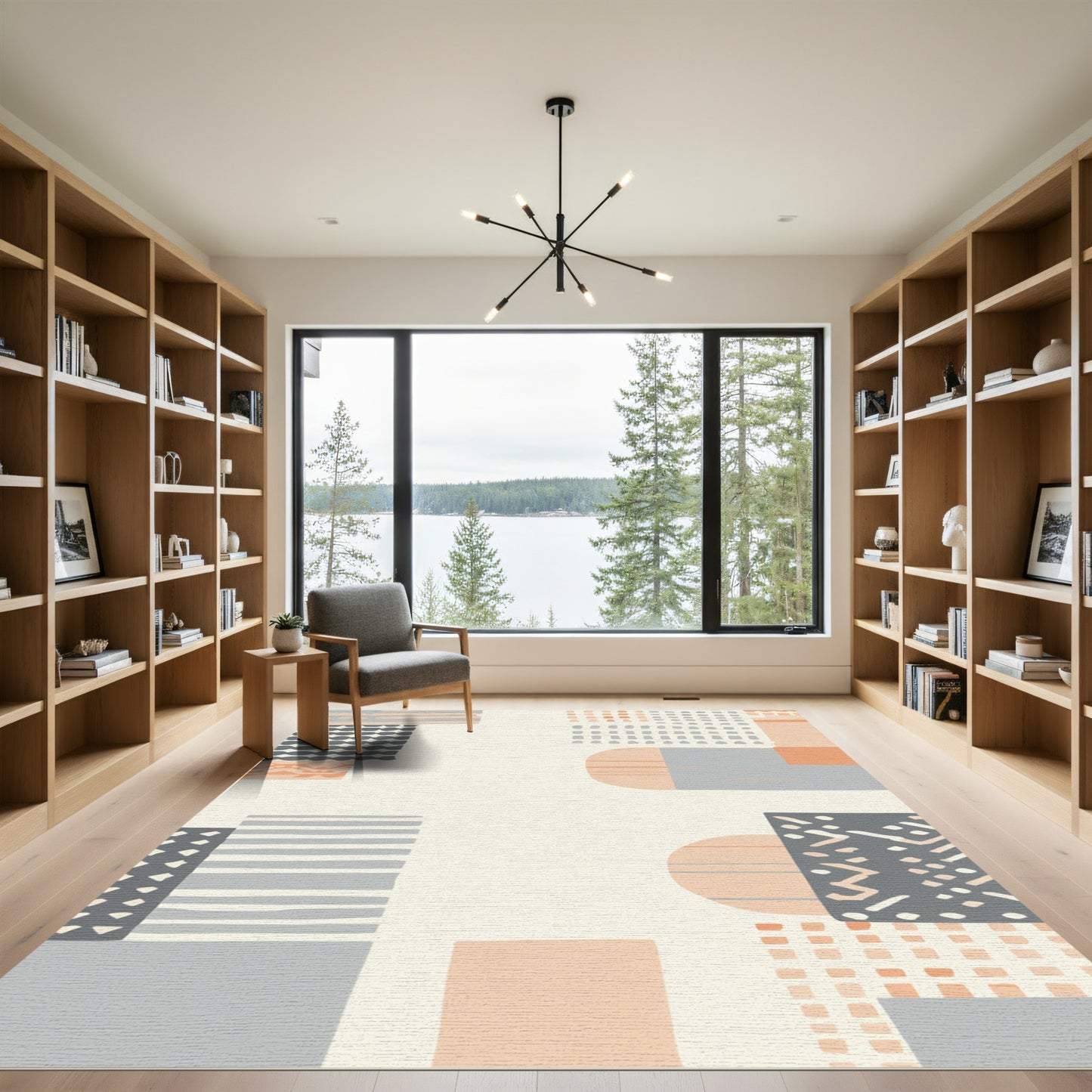 Abstract Peach Grey Geometric Shapes Rug