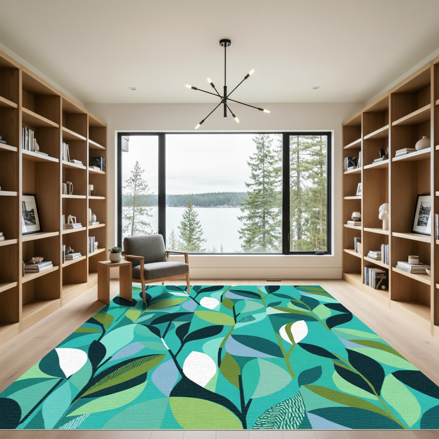 Abstract Teal Leafy Branches Rug