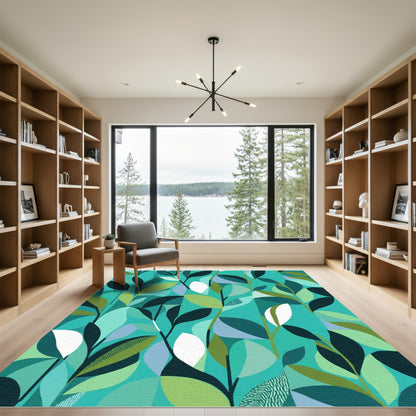 Abstract Teal Leafy Branches Rug