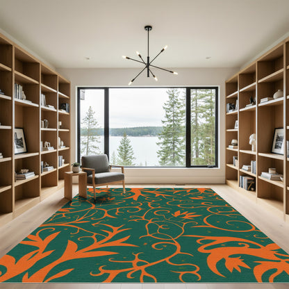 Teal Orange Vine Scroll Garden Rug