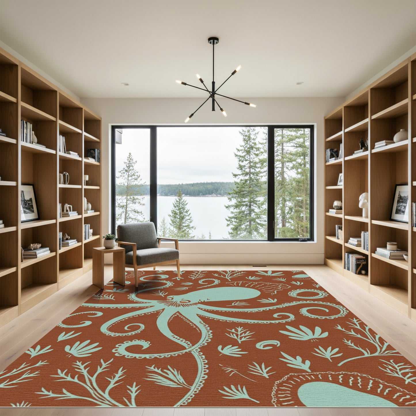 Teal Octopus Sea Botanical Terracotta Rug