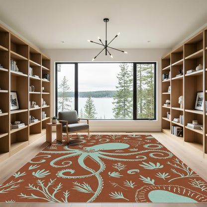 Teal Octopus Sea Botanical Terracotta Rug
