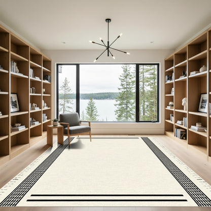 Cream and Black Striped Frame Rug