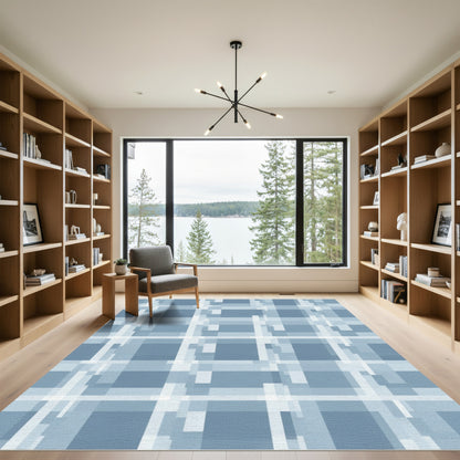 Contemporary Blue Plaid Grid Rug
