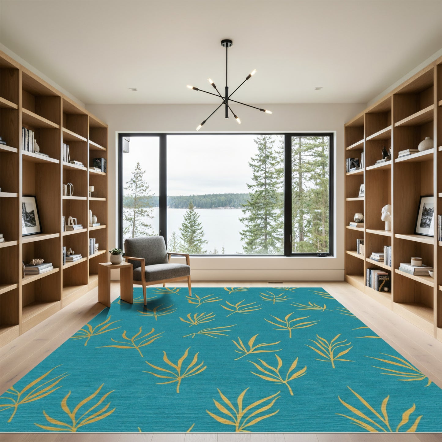 Teal Yellow Palm Frond Scatter Rug