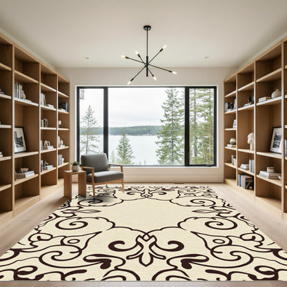 Cream Brown Ornate Scrollwork Frame Rug