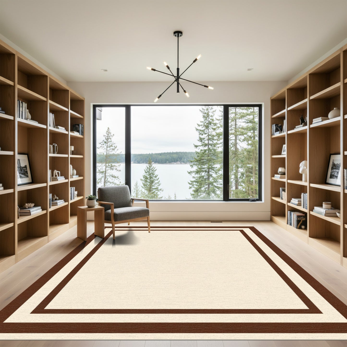 Deep Brown Cream Bordered Square Rug