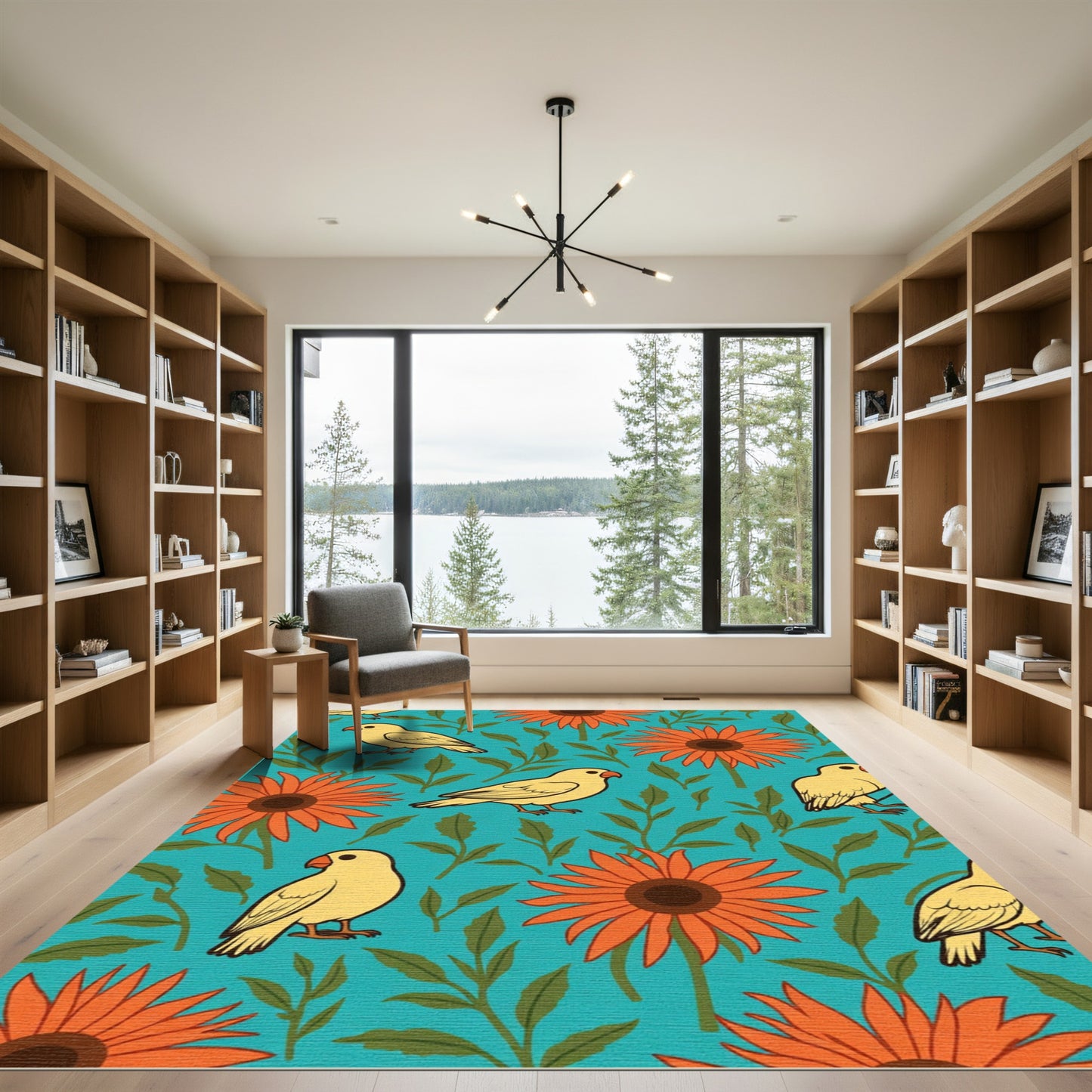 Yellow Birds and Orange Flowers Rug