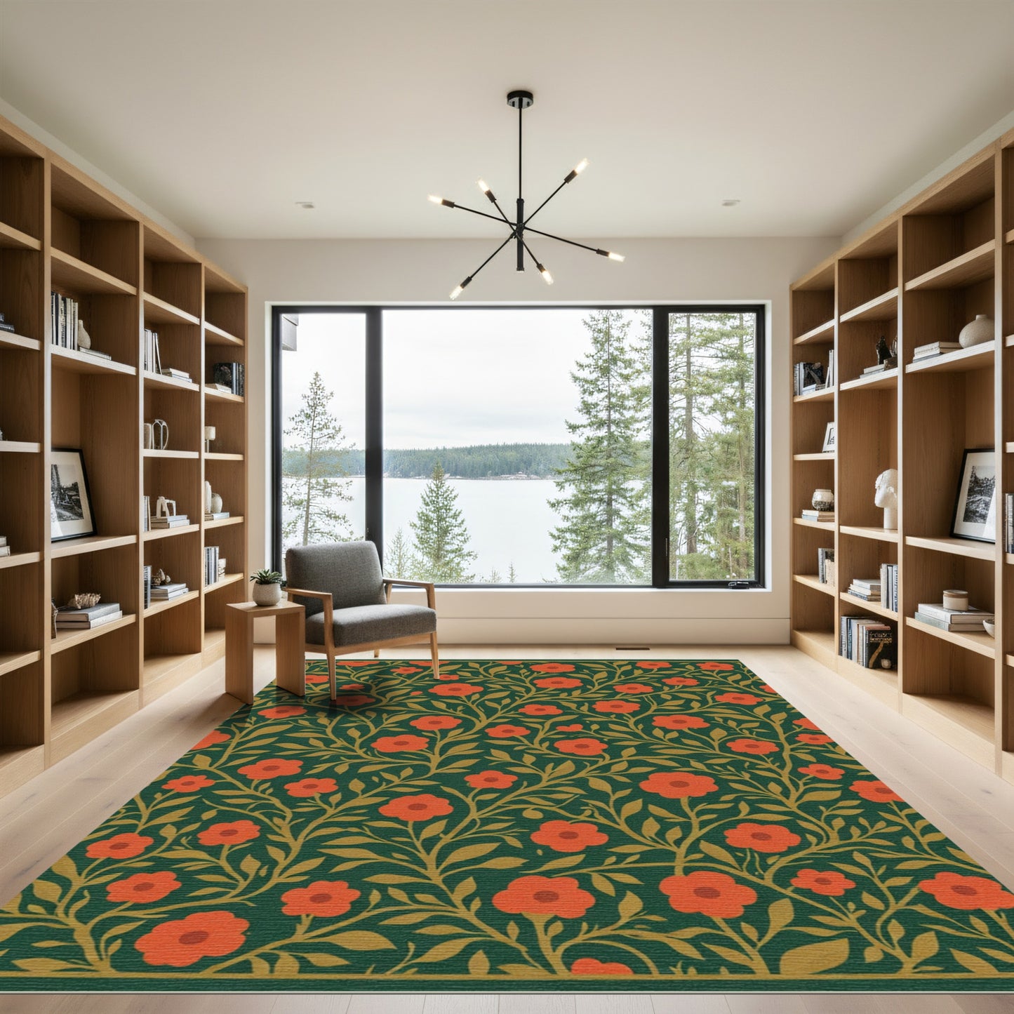 Dark Teal Red Blossom Vines Rug