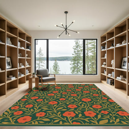 Dark Teal Red Blossom Vines Rug