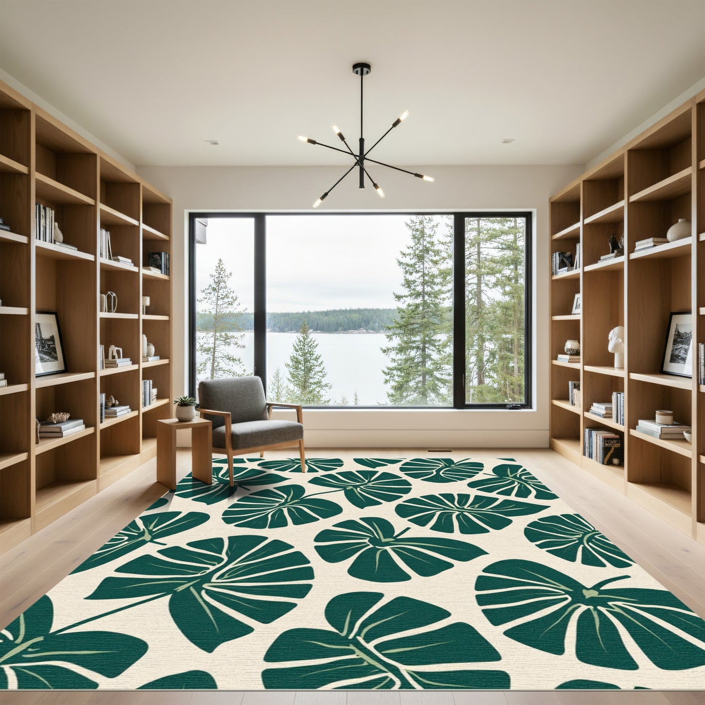 Dark Green Large Leaf Tropical Rug
