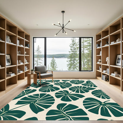 Dark Green Large Leaf Tropical Rug