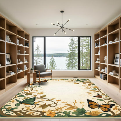 Orange Green Butterfly Floral Border Rug