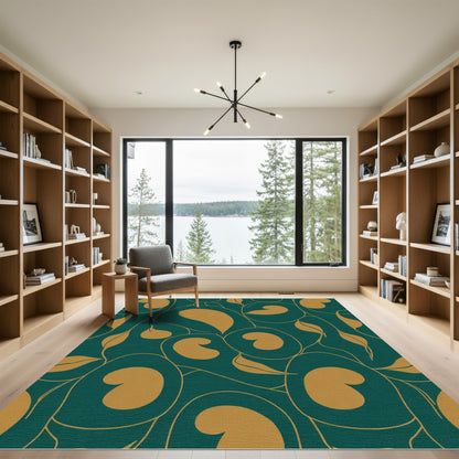 Teal Golden Leaf Swirl Abstract Rug