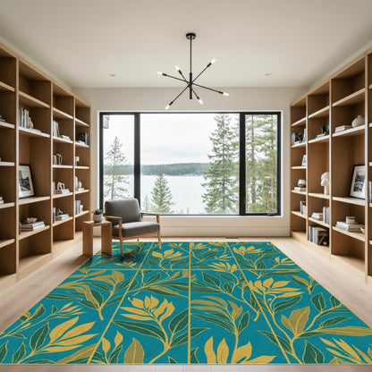 Teal Gold Leafy Branch Branches Rug