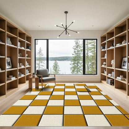 Golden Ochre White Checkerboard Squares Rug