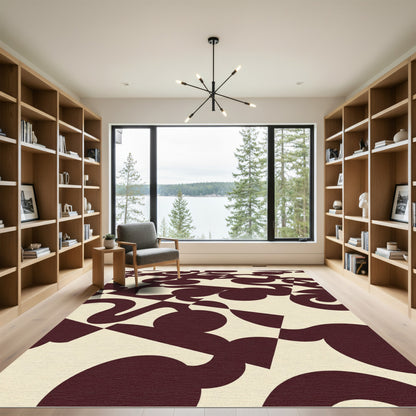 Crimson Cream Abstract Swirl Squares Rug