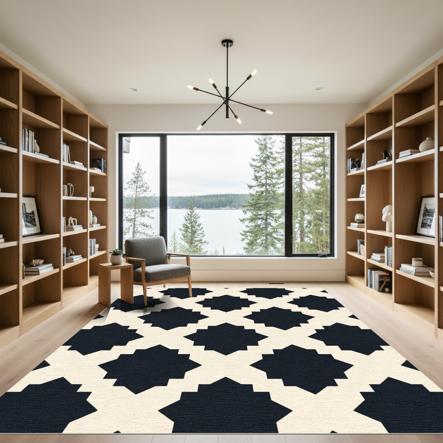 Black Cream Geometric Octagon Overlay Rug