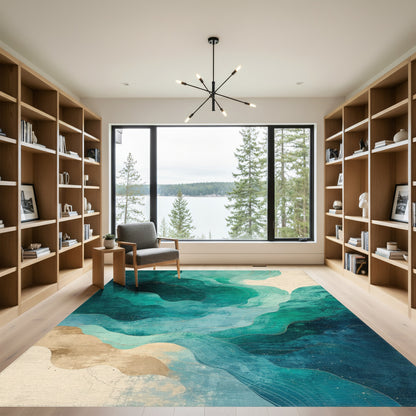 Teal Gold Fluid Wave Rug