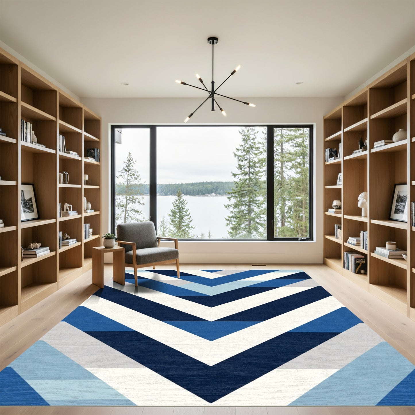 Blue White Geometric Chevron Rug