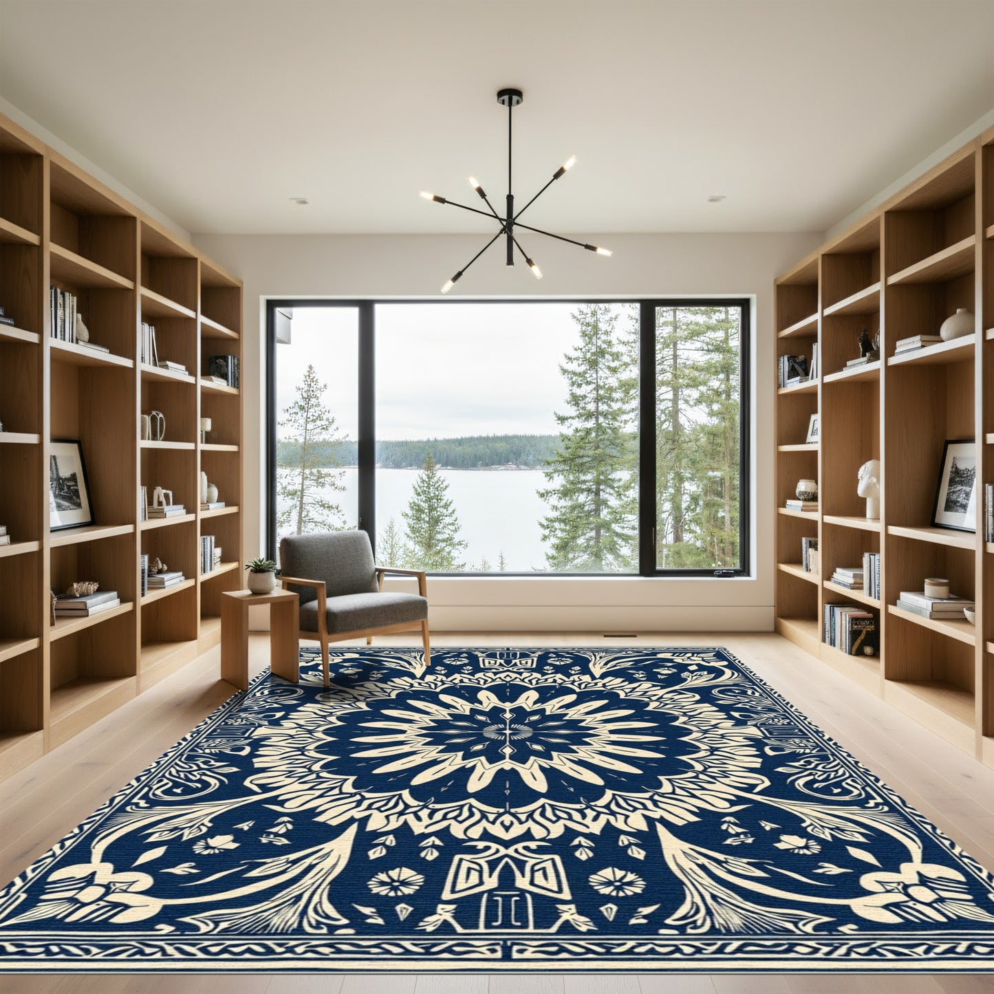 Navy Cream Floral Medallion Sunburst Rug
