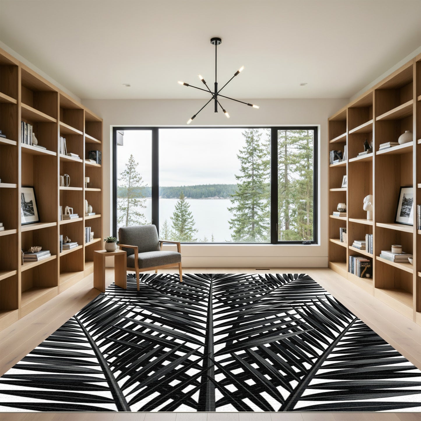 Elegant Black Palm Frond Pattern Rug
