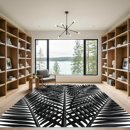 Elegant Black Palm Frond Pattern Rug