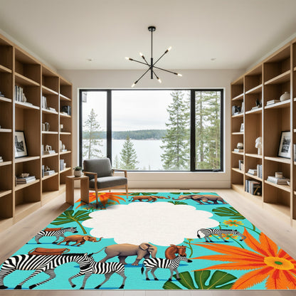 Safari Elephants Zebras Orange Flowers Aquamarine Rug