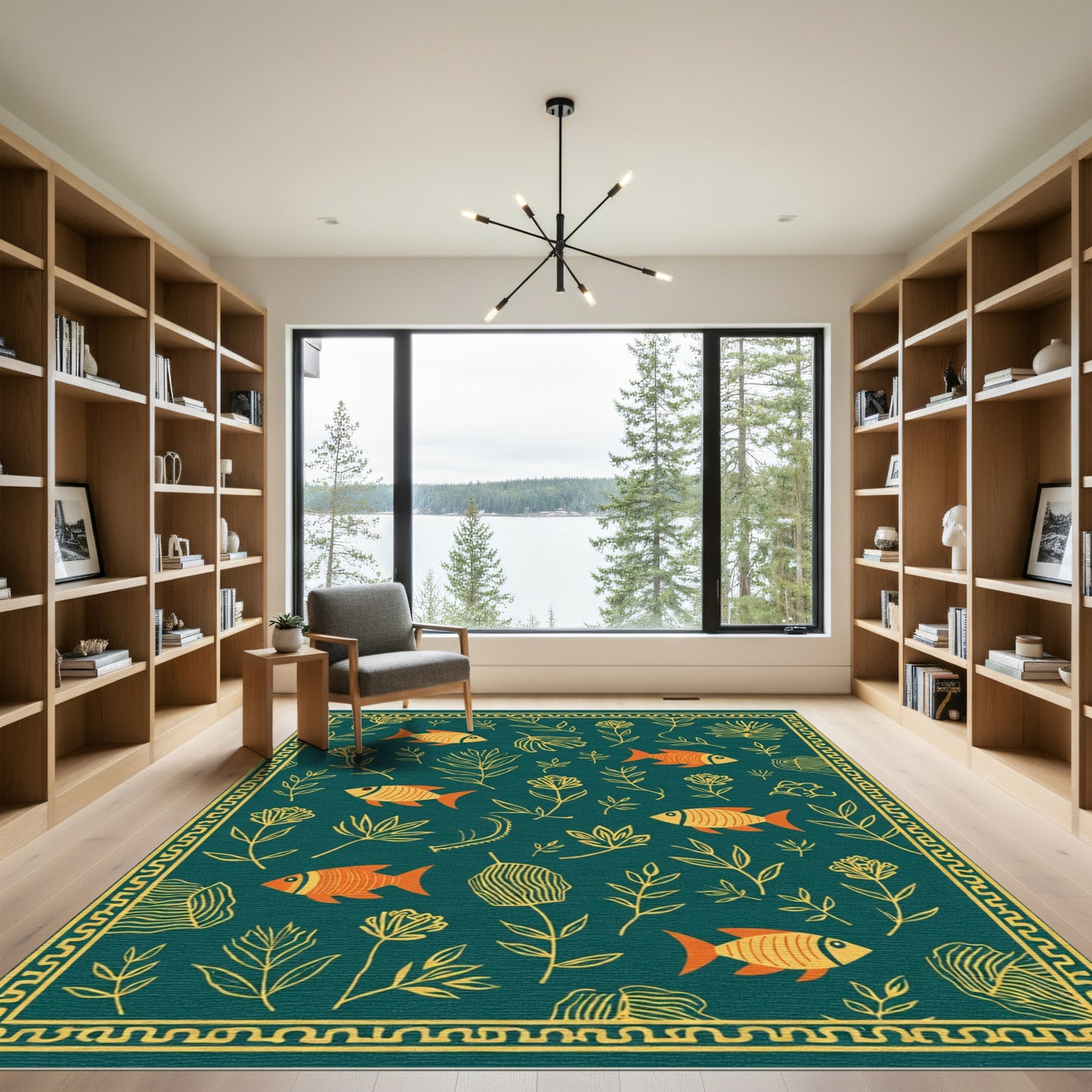 Teal Orange Fish Botanical Border Rug