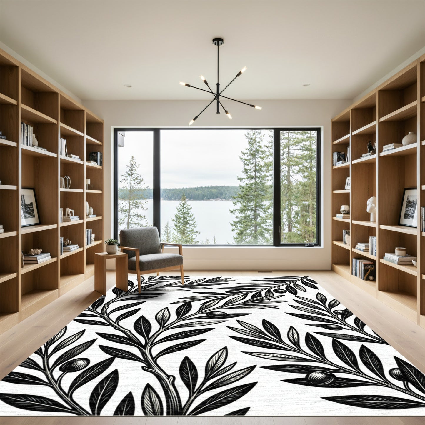 Monochromatic Black Olive Branch Medley Rug