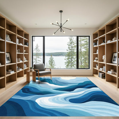 Deep Blue Layered Wave Landscape Rug