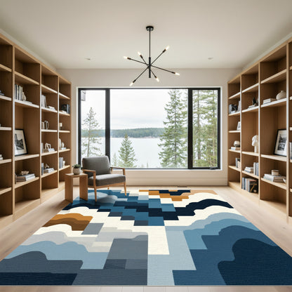 Abstract Blue Ochre Wave Collage Rug