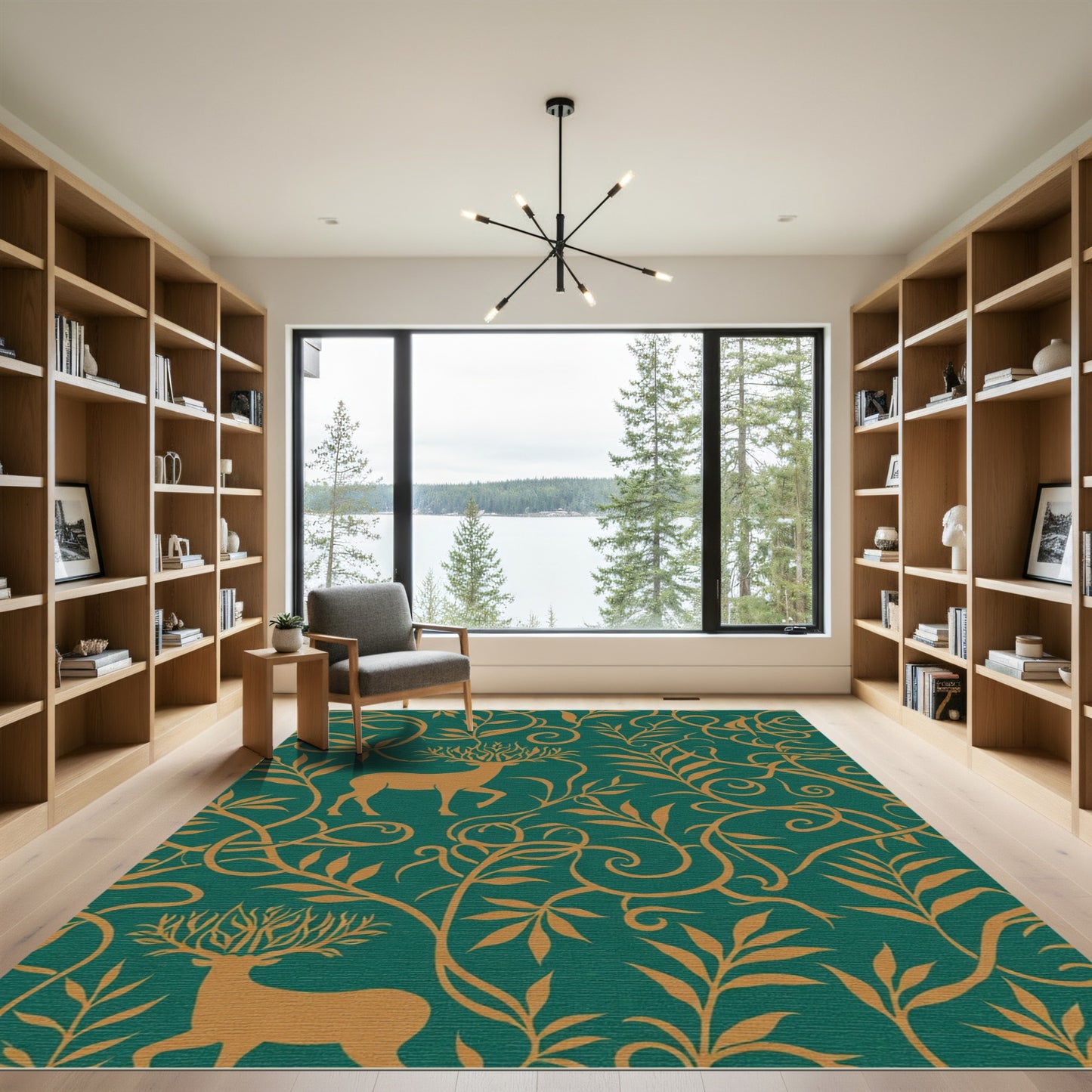 Golden Stag Verdant Vine Pattern Rug