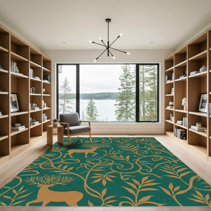 Golden Stag Verdant Vine Pattern Rug