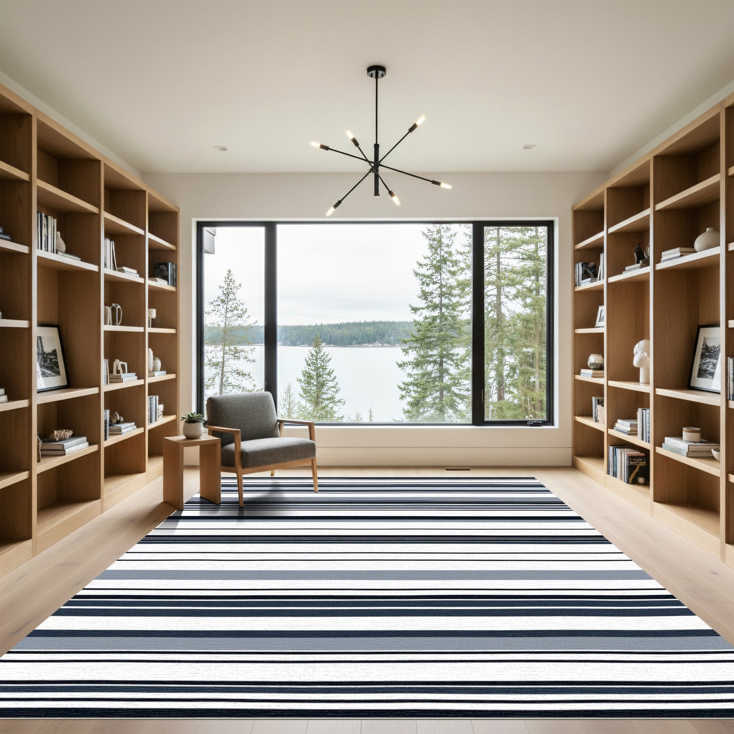 Minimalist Navy Blue Gray Striped Rug