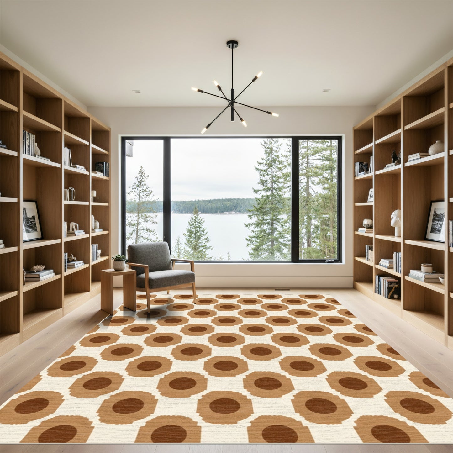 Brown Circle Sunburst Grid Rug