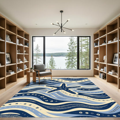 Navy Blue Starfish Ocean Waves Rug