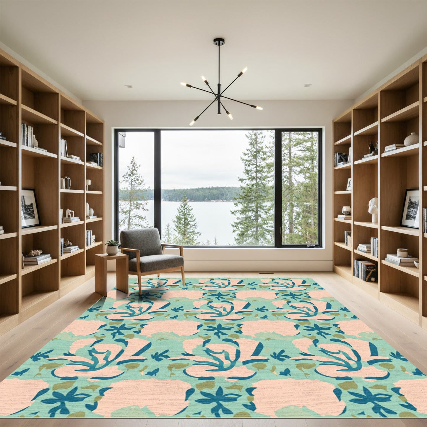Coral Teal Abstract Floral Swirl Rug