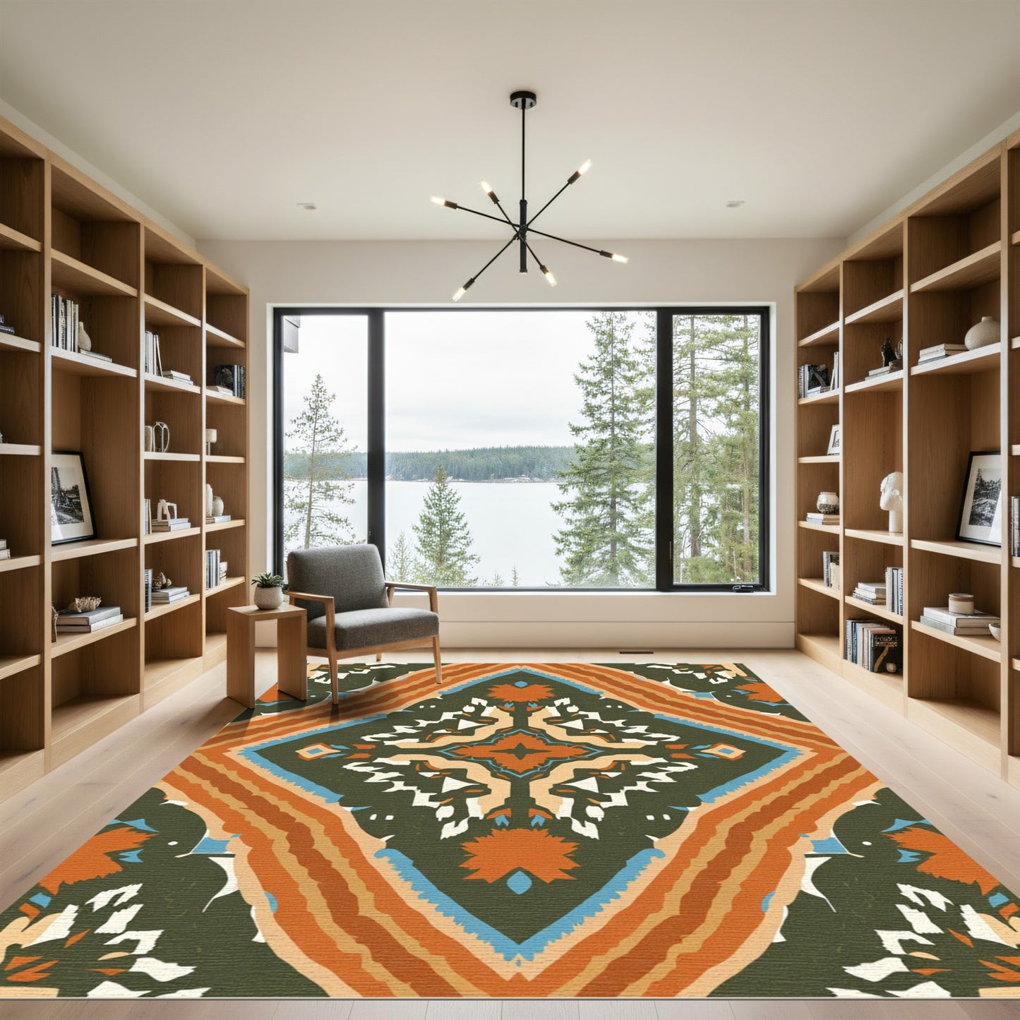 Olive Orange Blue Diamond Complex Medallion Rug