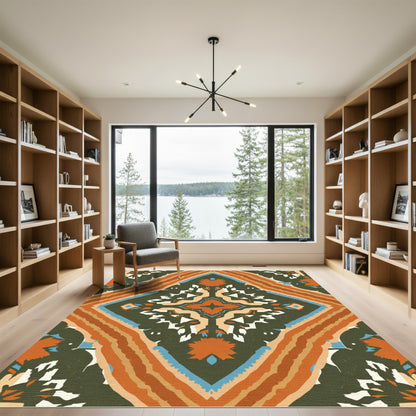Olive Orange Blue Diamond Complex Medallion Rug