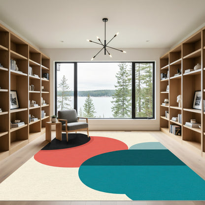 Retro Circles Teal Coral Black Abstract Rug