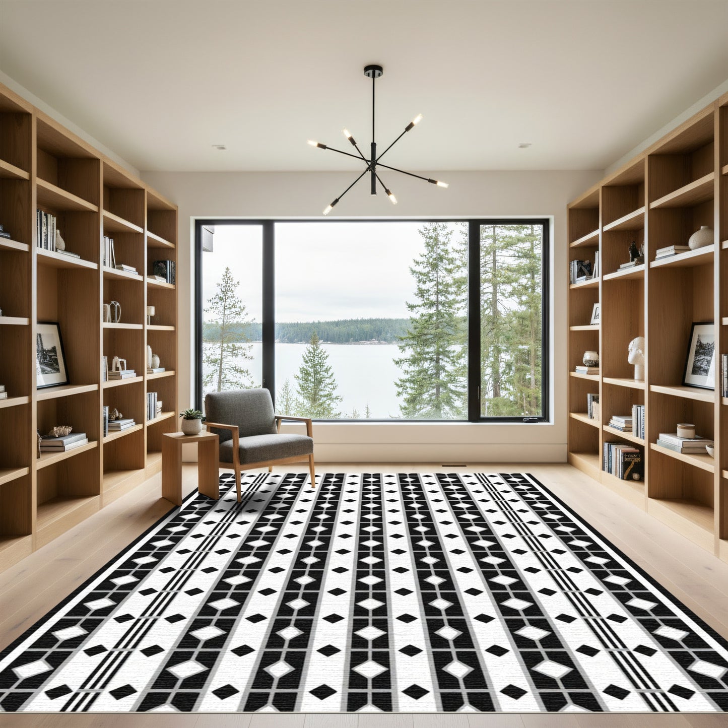 Black White Diamond Vertical Stripe Rug